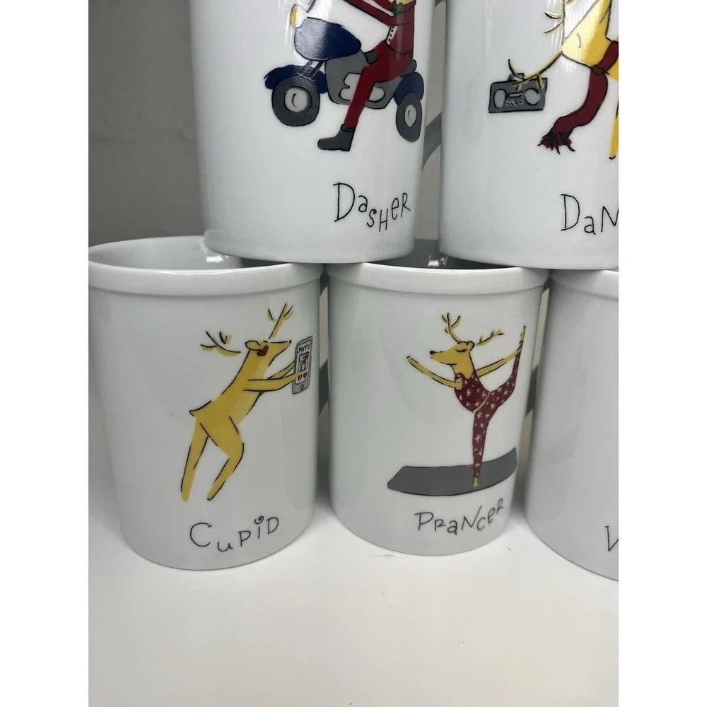 6 Pottery Barn Reindeer Mugs Dasher Dancer Prancer Vixen Cupid Donner‎ Hip Yoga